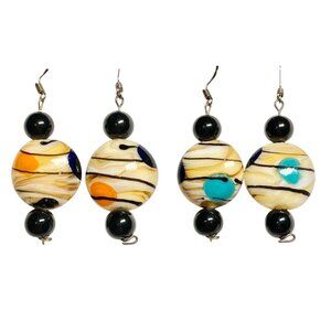 Vintage Art Glass Murano Style Glass Bead Earrings Dangle Black White Blue Beige